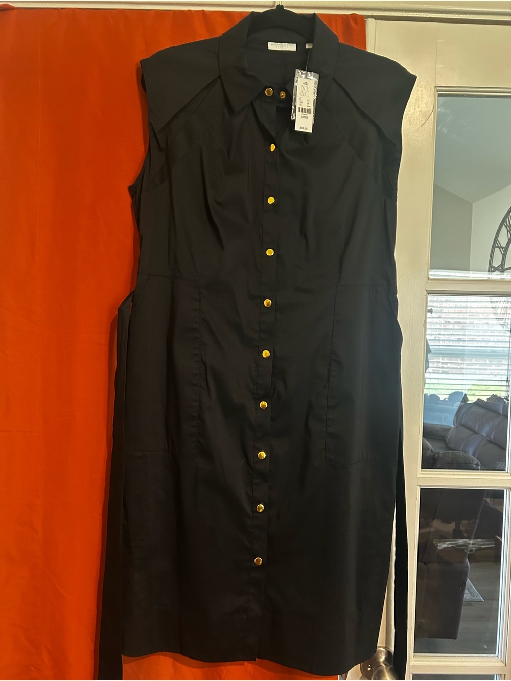 New York & Company Black Sleeveless Midi Shirt Dress with Gold Buttons